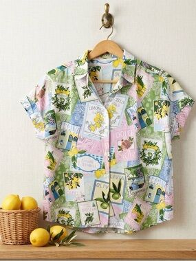 Jane and Delancey Pastel Lemon & Postcard Print Button-Down Shirt